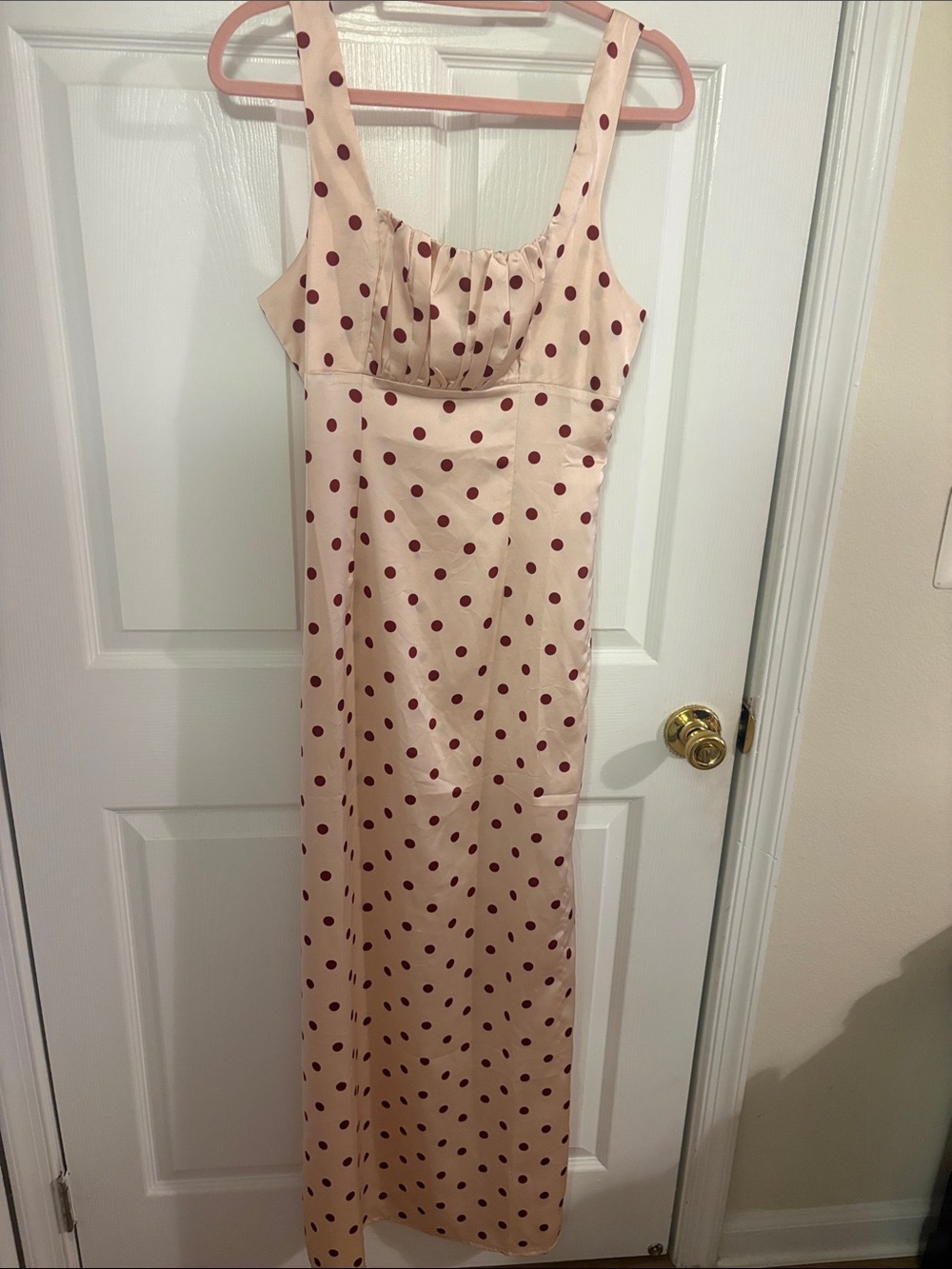 Romantic Girly Siren Cream Maxi Dress with Burgundy Polka Dots